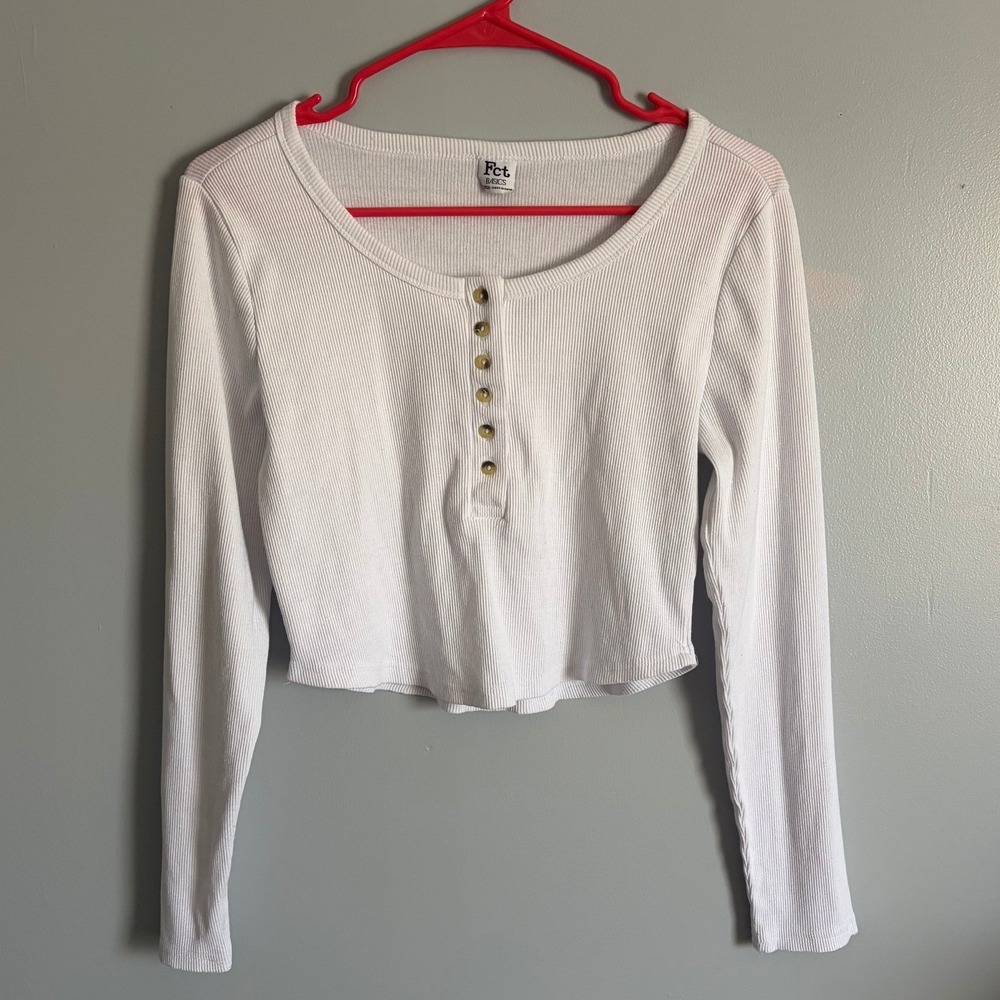 Fct Basics Womens White Ribbed Long Sleeve Henley Crop Top Large